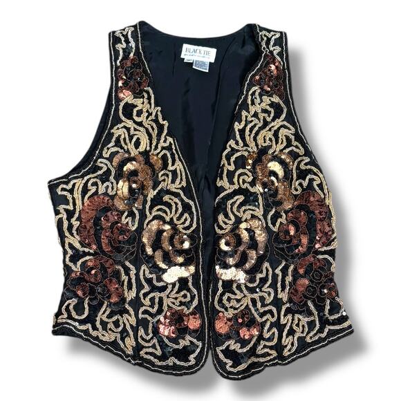 Vintage 90s Black Tie Silk Beaded Metallic Sequin Open Front Vest Gold Bronze - Picture 1 of 11